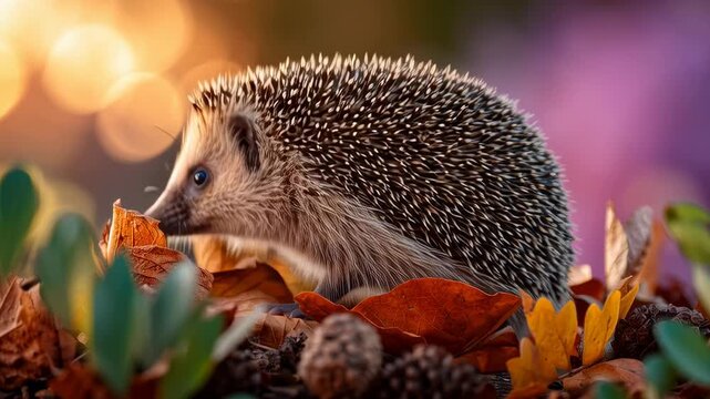 An adorable hedgehog enjoys a vibrant autumn scene with colorful leaves and soft sunlight.