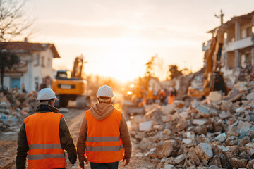 Construction workers assess damage in a disaster recovery zone during sunset