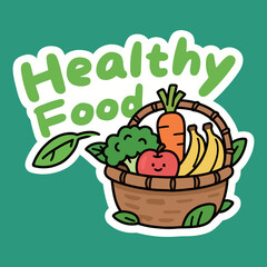 Healthy Food Text with a Woven Basket of Fresh Fruits and Vegetables, Cute and Whimsical Cartoon Illustration for a Healthy Lifestyle