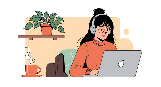 Illustration of a young woman with headphones working remotely on a laptop in a cozy home office environment - Powered by Adobe
