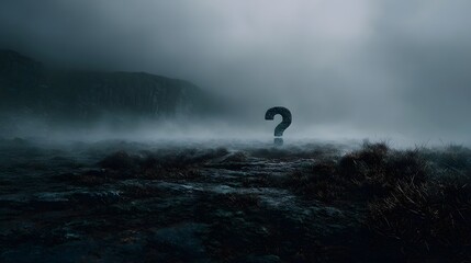 Giant question mark stands in a misty atmospheric landscape
