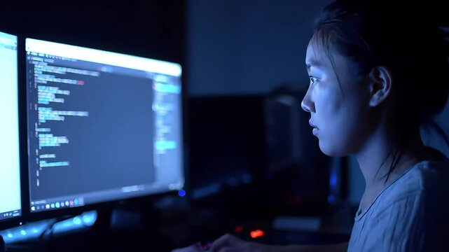Female Programmer Coding at Night - Computer Screen Focus