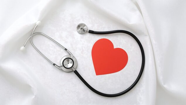 Heart-shaped stethoscope on neutral wooden desk beside notepad and pen, soft daylight, clean modern layout with empty space for text, ideal for health, medical, or awareness campaigns.