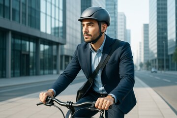 Confident young businessman wearing helmet riding bicycle through modern city street on bright morning, symbolizing eco-friendly commuting lifestyle. Ai generative