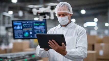 A sanitary-clad worker inspects digital monitors displaying real-time production stats as drones transport packaged meals to loading docks. - Powered by Adobe