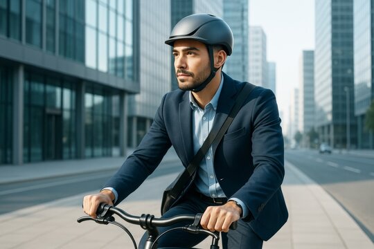 Confident young businessman wearing helmet riding bicycle through modern city street on bright morning, symbolizing eco-friendly commuting lifestyle. Ai generative