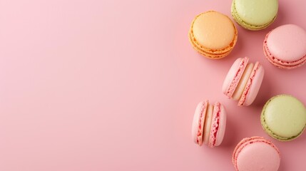 Colorful Macarons on Pink Background with Empty Space for Design