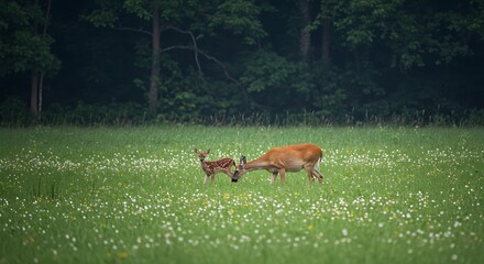 Adorable fawn with its mother grazing peacefully in a vibrant flower meadow at twilight