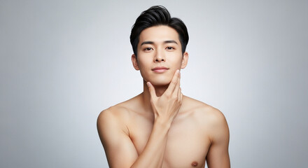 Obraz premium 顎に手を当てる上半身裸のアジア人男性