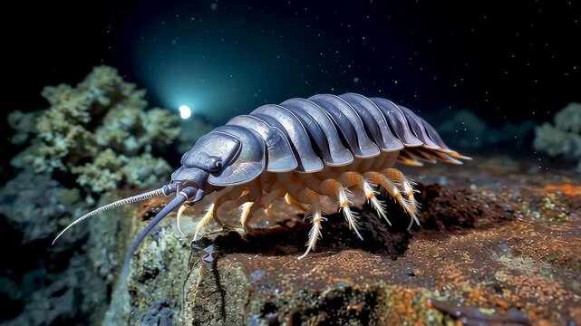 A giant isopod, a deep-sea crustacean, poses dramatically under an underwater glow.