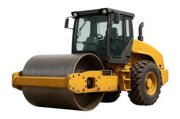 Fototapeta premium Yellow road roller with large metal drum and cabin, used for compacting asphalt or soil in construction projects, on transparent background.