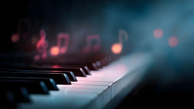 ic piano keyboard with music notes and moody lighting