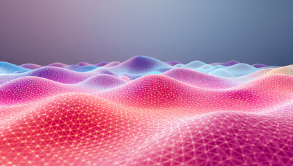Abstract wireframe 3D terrain with gradient colors.