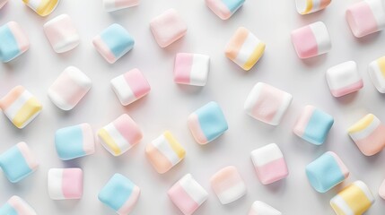 Colorful Pastel Marshmallows on Light Background in Flat Lay Arrangement