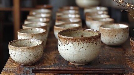 A collection of handmade ceramic bowls displayed on a rustic wooden surface with chopsticks nearby
