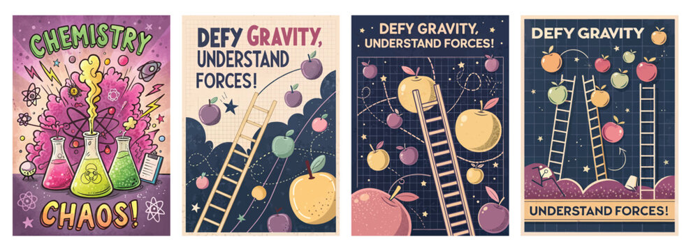 Set of four posters featuring chemistry and gravity with vibrant experiments and floating fruit