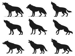 A Big Collection Of Wolf Silhouettes in Various Poses Including Howling and Standing on a White Background