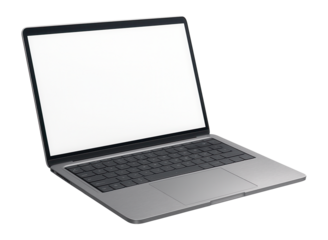 Sleek silver laptop with keyboard and blank screen open at an angle on transparent background.