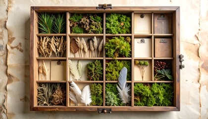 Vintage Wooden Box Displaying Natural Curiosities: Moss, Feathers, and Dried Plants