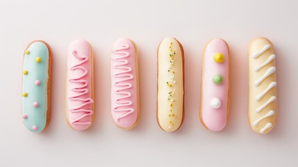 Colorful Cream-filled Pastries with Decorative Frosting and Toppings