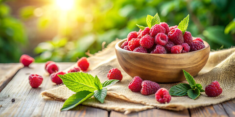 A rustic wooden bowl overflowing with ripe, red raspberries and fresh mint leaves, set on a burlap cloth on a wooden table with soft sunlight filtering through green foliage in the background