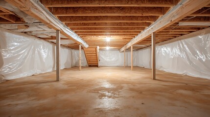 Unfinished Basement Interior View with Exposed Wood and Plastic Sheeting
