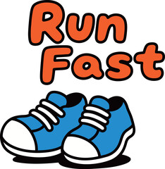 A pair of blue running shoes with the text 