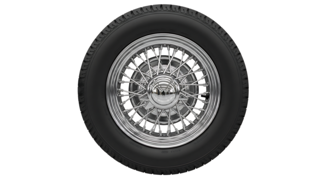 Car tire with chrome spoke wheel isolated on transparent background