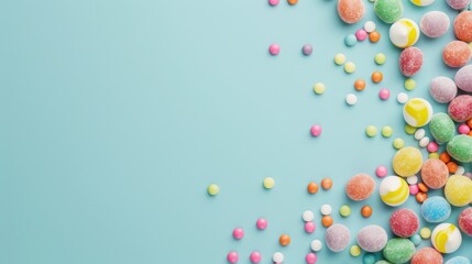 Colorful Assortment of Candy and Sweets on Turquoise Background