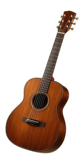 Obraz premium Wooden acoustic guitar with six strings and a polished finish on transparent background.