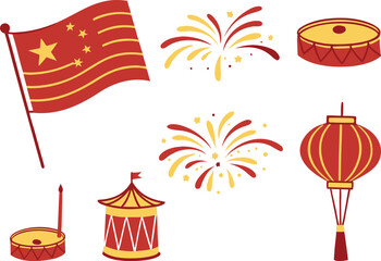 China National Day Design Set. Chinese National Day Illustration Collection. Patriotic China Celebration Art Pack. October First China Holiday Graphics. China Flag and Celebration Artwork