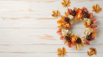Autumn Floral Wreath with Pinecones and Colorful Leaves on Wood