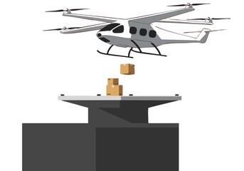 A white eVTOL drone delivers a package via drop, showcasing modern delivery technology. Clean, graphic style. Ideal for tech and logistics visuals.