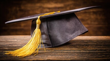 Single graduation cap on a wooden surface with tassel detail in warm academic atmosphere.