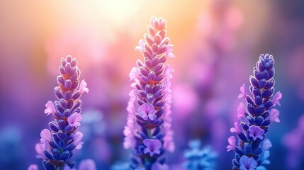 Obraz premium Three lavender flowers in a field with a blurred background and sunlight.