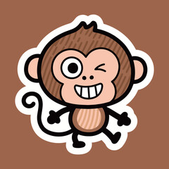 A funny and playful cartoon monkey winking and smiling, in a cute and expressive sticker style, perfect for kids' themes.