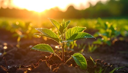 Radiant sunrise illuminates a budding plant in agricultural field, embodying new beginnings and