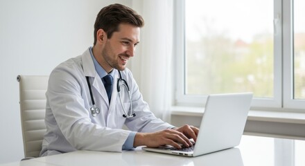 A male doctor in a white coat smiles while using a laptop at his desk in an office