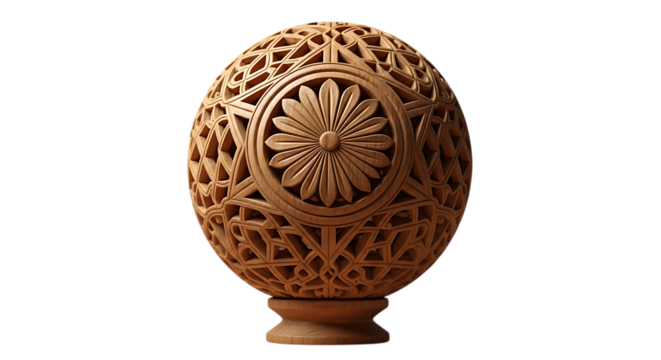 Ornate carved wooden sphere with geometric floral pattern isolated on transparent background