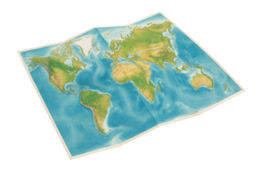Folded world map displaying continents and oceans in vibrant colors on transparent background.