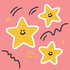 Three happy cartoon stars with smiling faces, surrounded by abstract doodle lines, in a dreamy and playful sticker style.