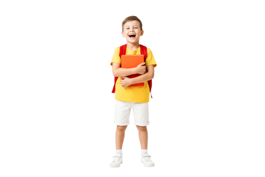 Little boy with backpack and holding book isolated on white