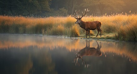Majestic stag gazes across tranquil lake at dawn, a symbol of nature's beauty and peaceful wildlife