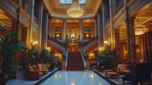 Grand hotel lobby with high ceilings an ornate staircase crystal chandeliers and elegant marble columns creating an atmosphere of timeless luxury and sophistication