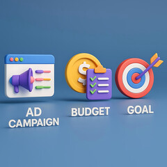 Digital marketing strategy icons for ad campaign budget and goal achievement