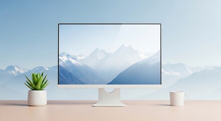 Modern Computer Display Showing Mountain Landscape Scene