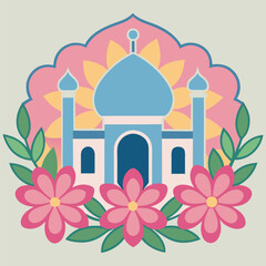 Elegant floral border framing a serene mosque in a lush garden setting evoking peace and architectural beauty