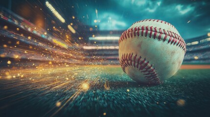 Dynamic baseball game scene with intense lights and blurred stadium background