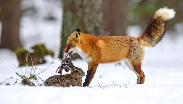 Red fox with prey in mouth standing in snow covered winter forest landscape - Powered by Adobe