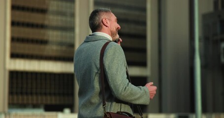 Phone call, talking and business man in city for online discussion, networking and conversation. Walking, morning commute and mature person on smartphone for consulting client, chat and communication - Powered by Adobe